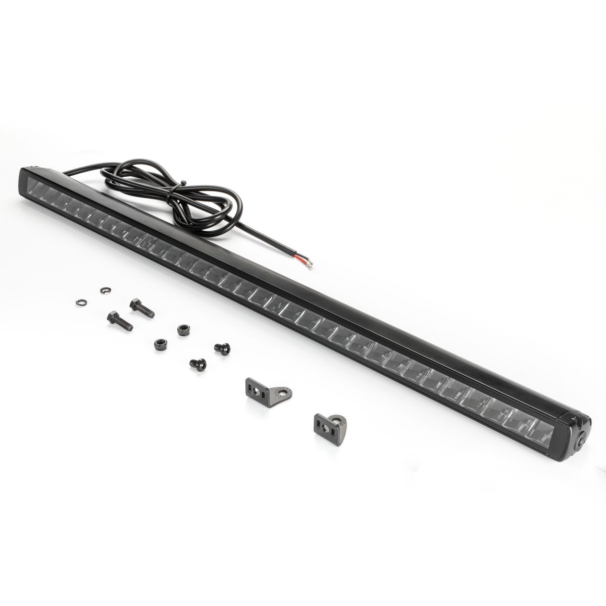 Black LED light bar with a sleek design, featuring multiple light segments, a durable housing, mounting brackets, screws, and wiring for installation.