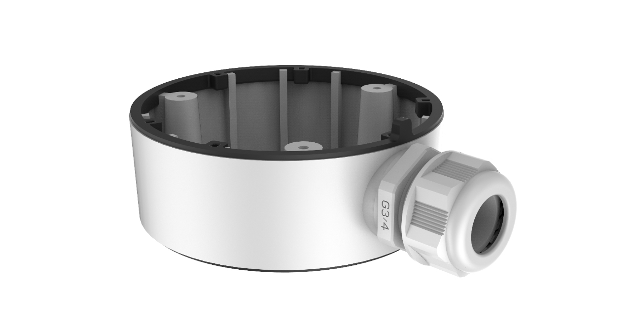White cylindrical junction box with a black interior, featuring multiple mounting points and a side cable entry connector for security camera installation.