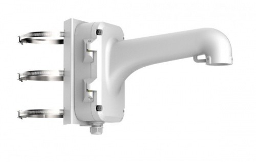 White pole mount bracket with a curved arm and three adjustable clamps, designed for securely attaching surveillance cameras.