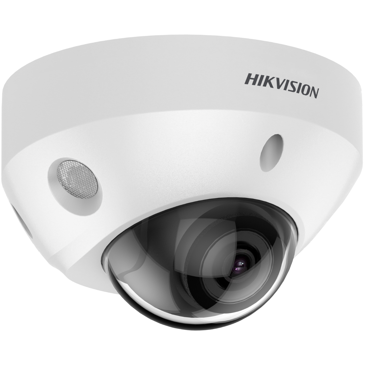 White dome-shaped outdoor security camera with a glossy black lens, featuring a sleek design, Hikvision branding, and a high-resolution 3840 x 2160 capability.
