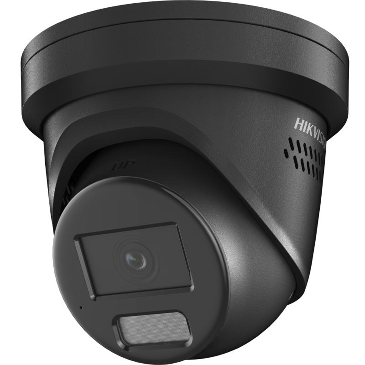 Black dome security camera with a sleek design, featuring a 2.8mm lens, Hikvision branding, and built-in microphone for audio capture.