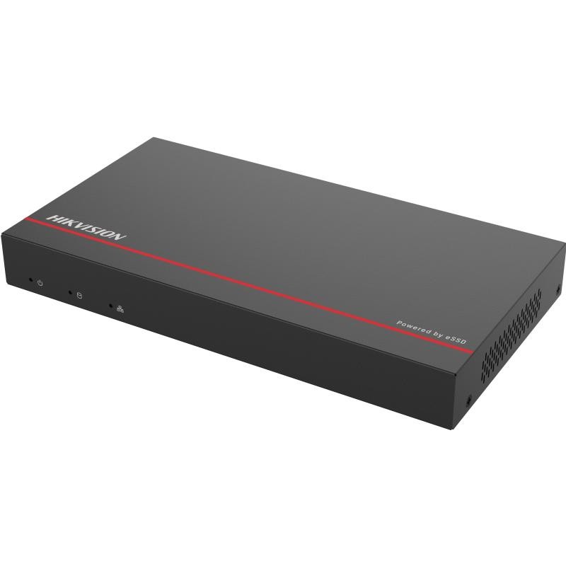 Black Hikvision DS-E08NI-Q1/8P device with a sleek design, featuring a red accent line, multiple indicator lights, and ventilation slots on the side.