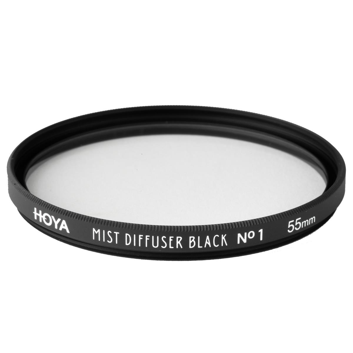 55mm circular lens filter with a black metal frame, labeled "HOYA MIST DIFFUSER BLACK NO1," featuring a clear glass center for softening images.
