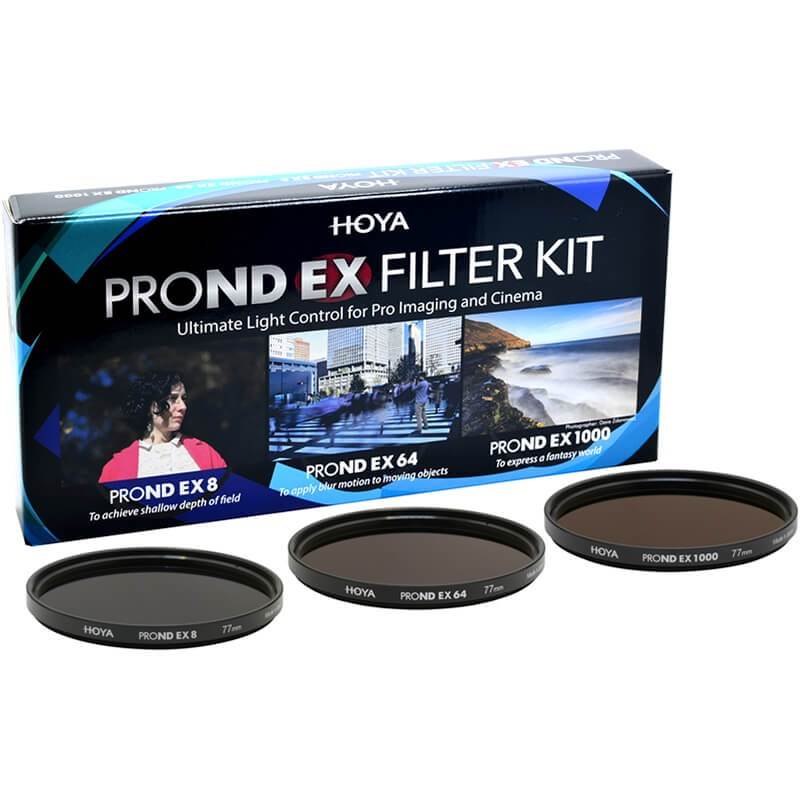 Three circular ND filters labeled Hoya PRO ND EX 8, 64, and 1000, displayed in front of a black box featuring colorful images and product details on a blue background.
