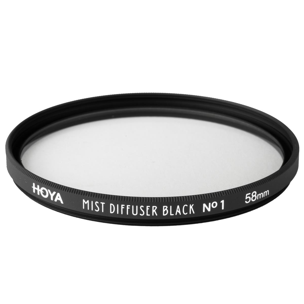 58mm round filter with a black metal frame, labeled "Hoya MIST DIFFUSER BLACK No1," featuring a frosted glass surface for softening light in photography.