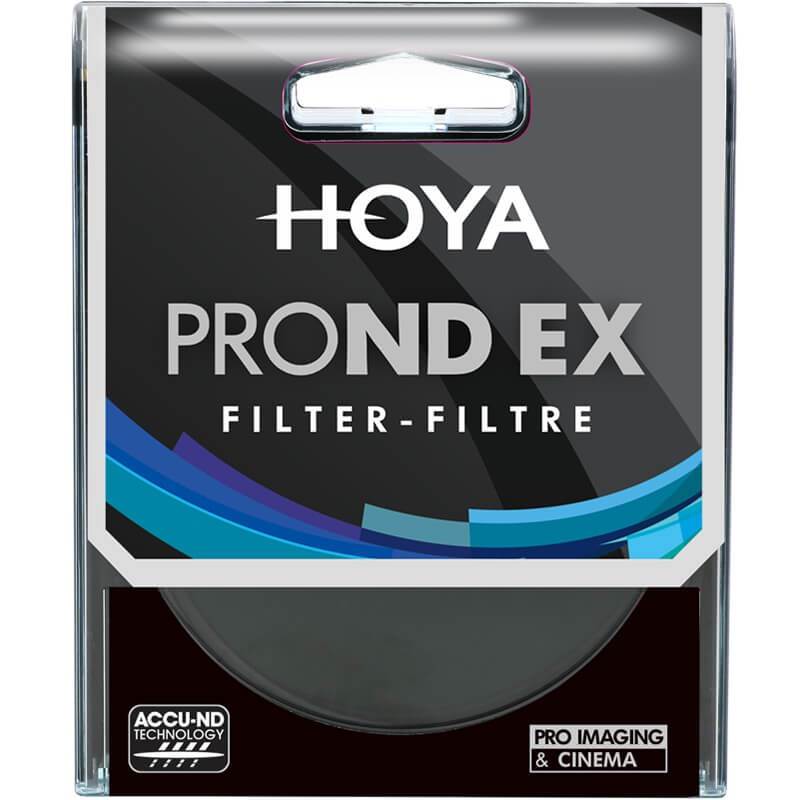Hoya 58MM PRO ND EX 64 filter packaging featuring a sleek black design with blue accents, labeled with "PRO ND EX" and "FILTER-FILTRE" in bold white text.
