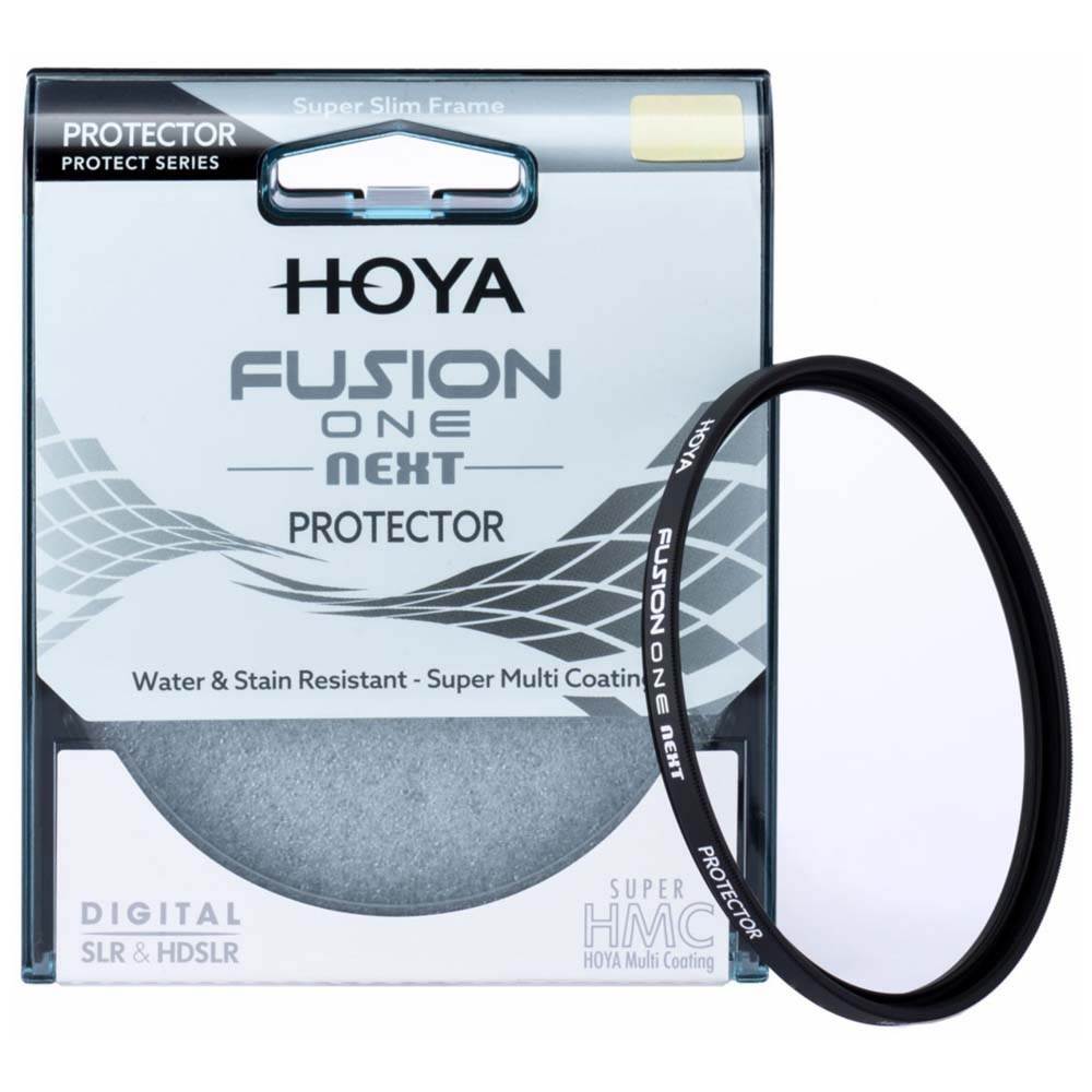 Hoya 77MM FUSION ONE NEXT PROTECTOR filter in a clear packaging, featuring a black circular frame and labeled with "FUSION ONE NEXT" and "PROTECTOR" in white text.