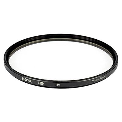 Circular UV camera filter with a black metal frame, labeled "Hoya HD UV" and "Made in Japan," measuring 5.2 cm in diameter, featuring a clear glass center.