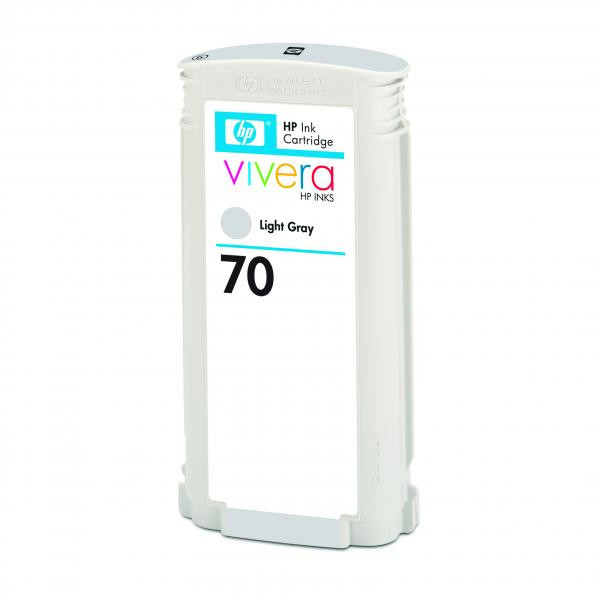 HP 70 130-ml Light Gray DesignJet Ink Cartridge featuring a white plastic body with a prominent label displaying "HP Ink Cartridge" and "70" in bold, with a light gray color swatch.