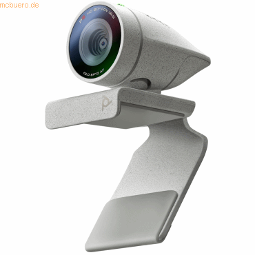 HP Poly Studio P5 USB-a webcam features a sleek, gray design with a round lens and a sturdy clip for easy attachment to monitors.