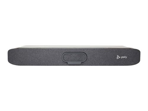 HP Poly Studio X30 No Radio, an all-in-one video bar with a sleek black design, featuring a smooth front surface and a prominent Poly logo, optimized for Zoom meetings.