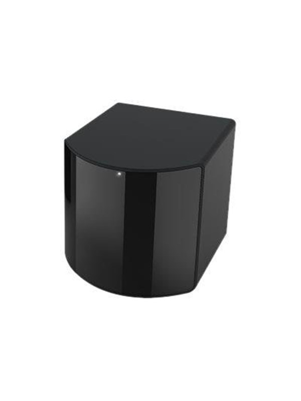 Black HTC SteamVR Base Station 2.0 with a sleek, curved design, featuring a glossy finish and a small indicator light on the front.