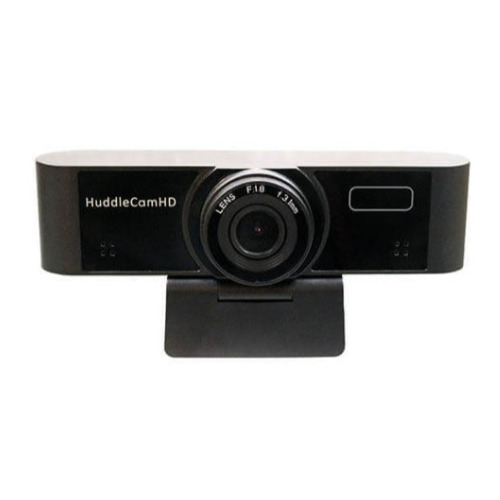 HuddleCamHD webcam in black with a sleek design, featuring a prominent lens, adjustable mount, and specifications for 2.07 MP resolution and 1080p video quality at 30 fps.