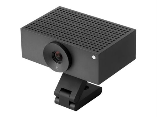 Compact black conference camera with a textured surface, a prominent lens at the front, and an adjustable mount for easy positioning.