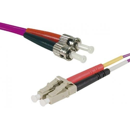 Bright pink and purple fibre optic cable, 1 meter long, featuring LC and ST connectors with multiple color-coded strands for easy identification.