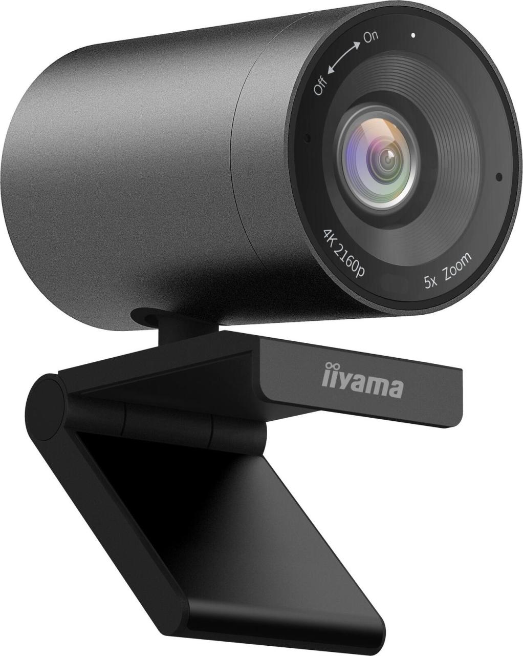 Black Iiyama UC-CAM10PRO-1 webcam features an 8.46 MP lens with 2160 x 1080 resolution, a sleek cylindrical design, and a sturdy adjustable clip for easy mounting.