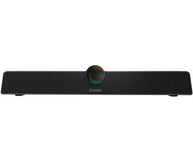 Black Iiyama UC CAM120ULB-1 video conferencing camera with a sleek design, featuring a central lens and a matte finish, capable of 12 MP resolution and 3840 x 2160 pixels at 30 fps.