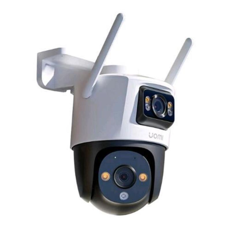 White and black dual-lens security camera with two antennas, featuring 10MP resolution, smart color night vision, IP66 weatherproof rating, and two-way audio capabilities.