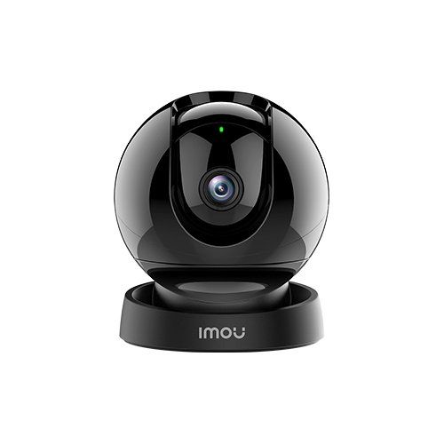 Black spherical Wi-Fi pan and tilt camera with a lens at the front, featuring a green indicator light and mounted on a circular base, labeled with "IMOU."