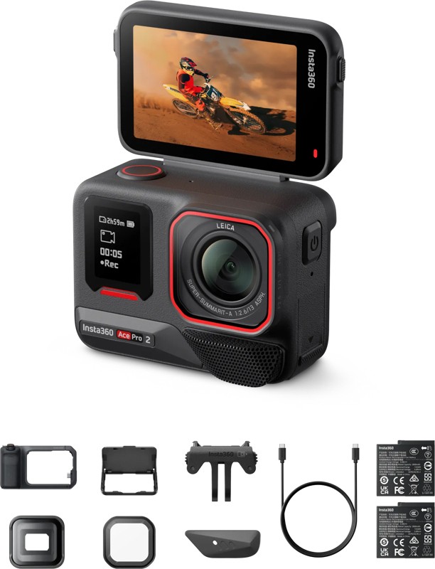 Insta360 Ace Pro 2 Videography Bundle Limited Edition features a compact black camera with a red accent, a flip-out screen, and includes accessories like mounts and batteries.