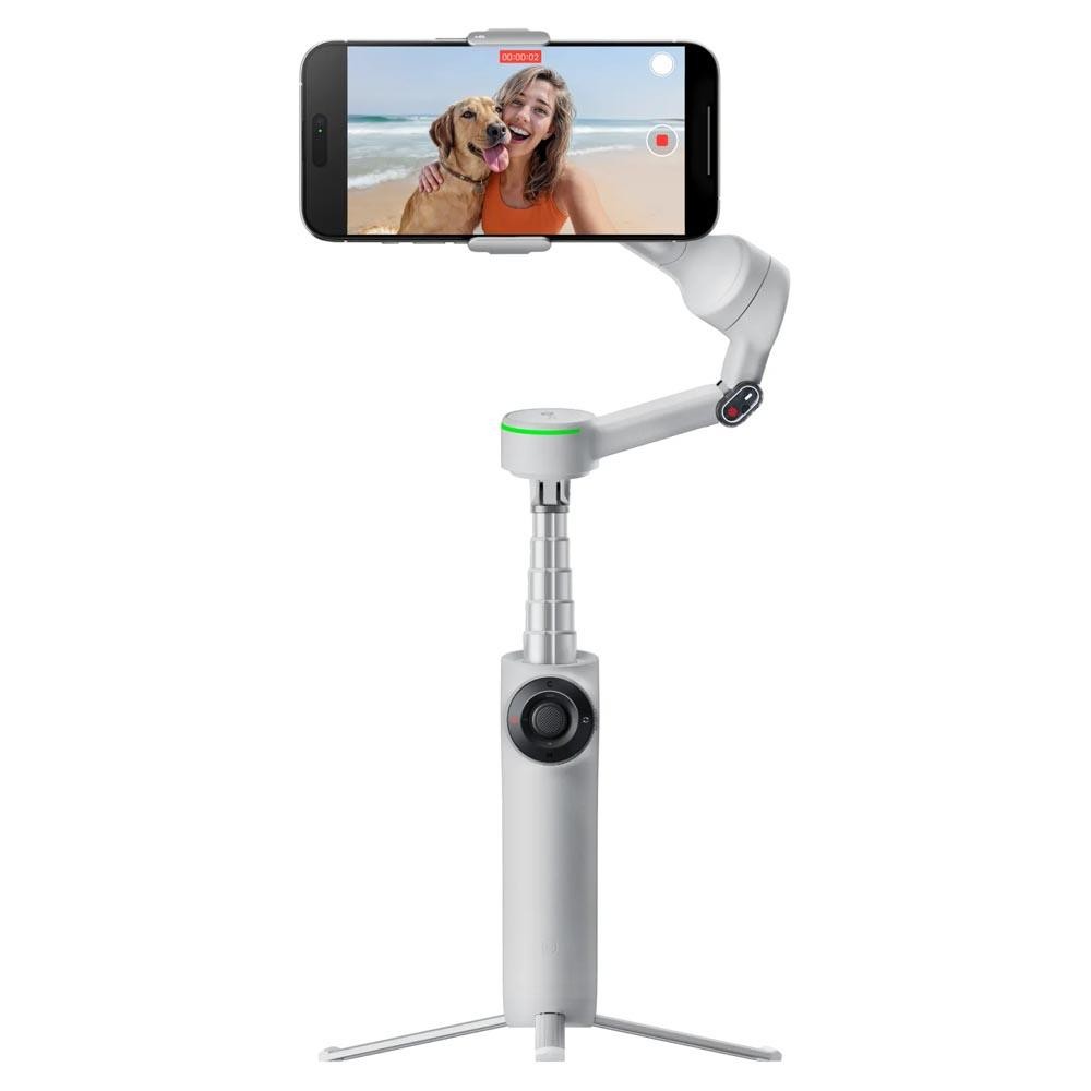 Insta360 Flow 2 Pro Gimbal in stone gray with a sleek design, featuring a smartphone holder, adjustable arm, and a tripod base for stable video capture.