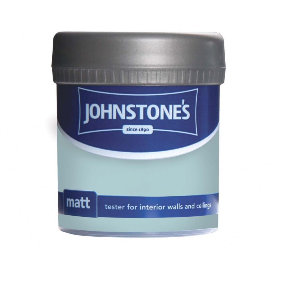 75ml tub of Johnstone's Matt Tester in New Duck Egg color, featuring a light blue exterior with a silver lid and a label indicating it's for interior walls and ceilings.