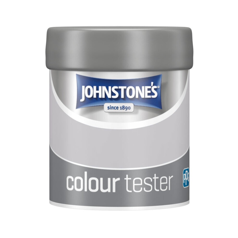75ml tin of Johnstone's Paint in Matt Moonlit Sky, featuring a silver lid and a white label with "colour tester" and the Johnstone's logo prominently displayed.