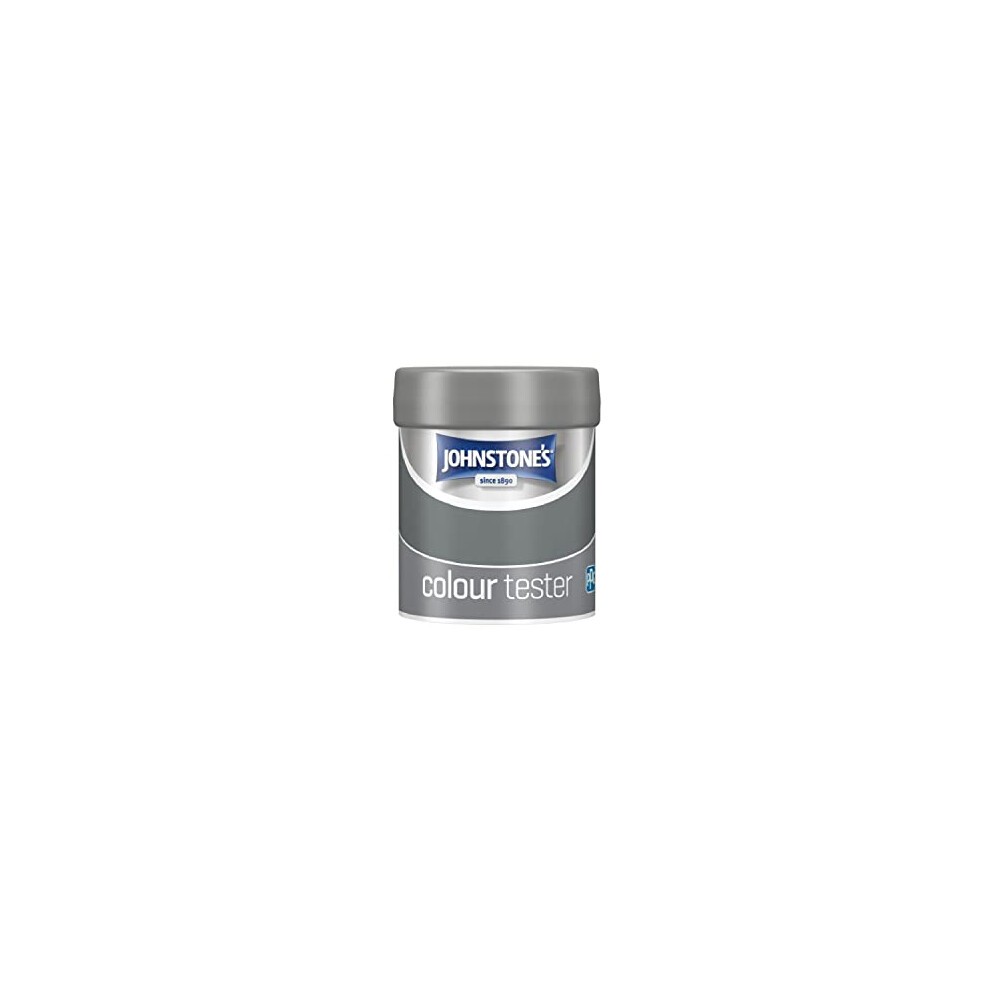 Steel Smoke emulsion paint tester pot by Johnstone's, featuring a sleek grey container with a silver lid, labeled "colour tester" and holding 75ml, ideal for quick application.