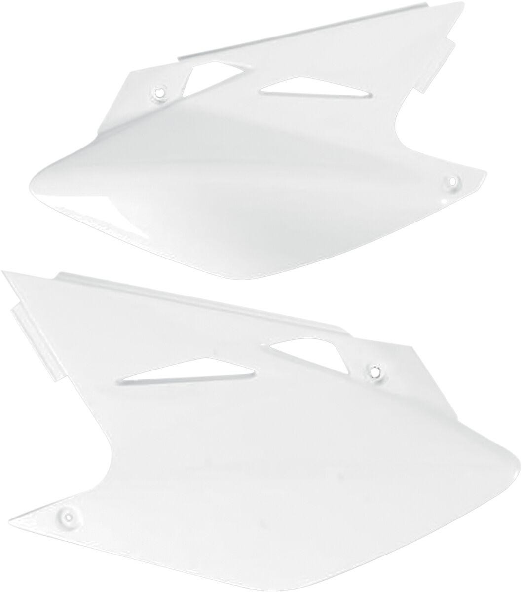White plastic side panels for Kawasaki KXF450 (2006-08), featuring a sleek design with cutouts and mounting points for easy installation.