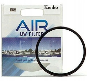 Kenko 43mm AIR UV filter in a clear plastic packaging featuring a blue and white design, highlighting its use for digital cameras.