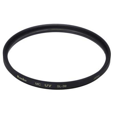 Black 43mm Kenko REALPRO UV filter with a smooth metal frame, labeled "MC UV SL-39" in gold lettering, designed to reduce UV light and enhance image clarity.