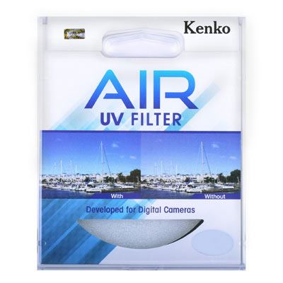 Clear packaging featuring the Kenko AIR UV filter, labeled with "AIR" in blue and "UV FILTER" in white, showcasing images of a harbor scene with and without the filter.