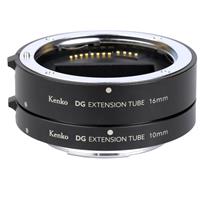 Kenko TELEPLUS DG Extension Tube Set for Canon RF featuring two black extension tubes, labeled 10mm and 16mm, with a shiny silver metal mount and electronic contacts.