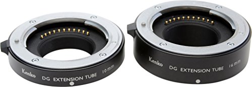 Kenko TELEPLUS DG Extension Tube Set for Micro 4/3, featuring two black metal tubes (10mm and 16mm) with silver accents and electronic contacts for enhanced macro photography.