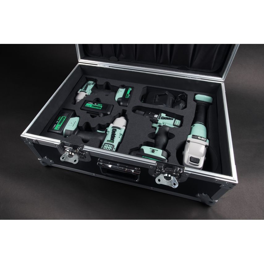 Kielder Tool Flight Case System Combo Kit in black, featuring a foam interior with cutouts for various green and black power tools, including drills and saws, securely housed in a sturdy case.