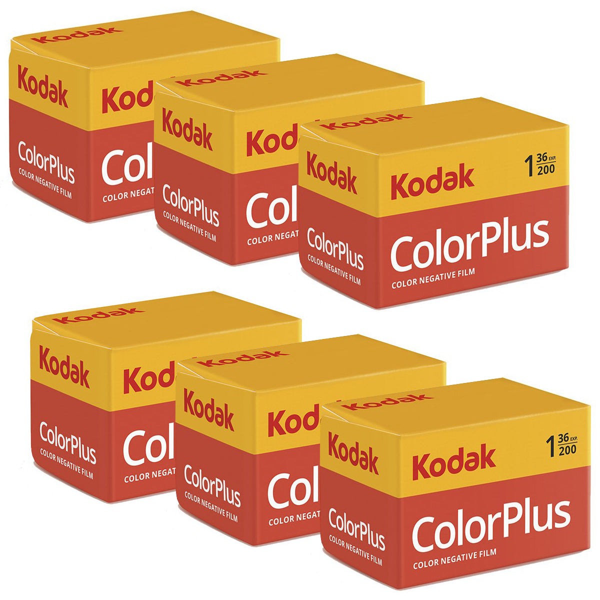 Six packs of Kodak Color Plus 200 135 film, each featuring a bright yellow and red design with "Kodak" and "ColorPlus" prominently displayed, designed for 36 exposures.