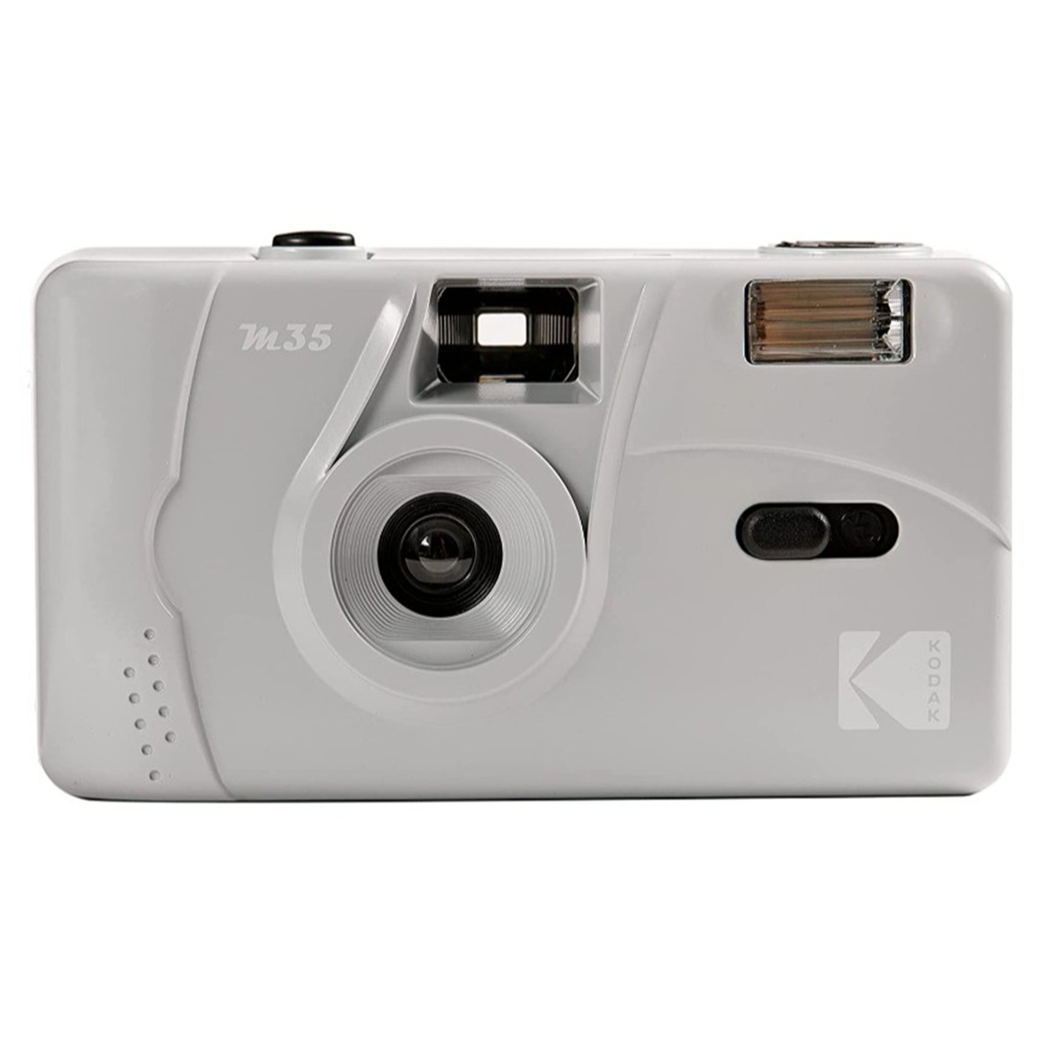 Kodak M35 compact film camera in grey, featuring a circular lens, flash compartment, and a simple button layout for easy operation.