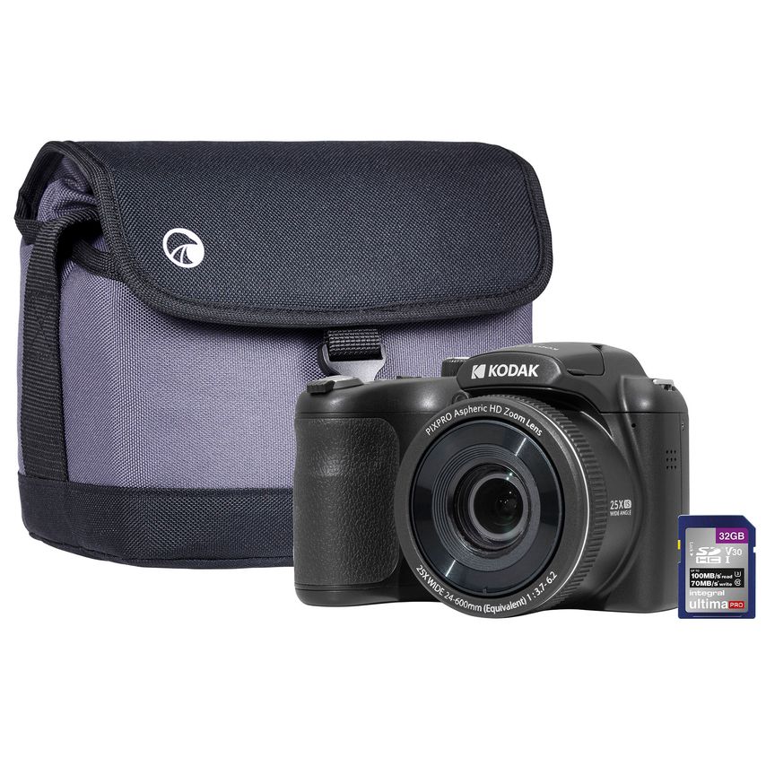 Black Kodak PIXPRO AZ255 camera with a 25x zoom lens, featuring a textured grip, accompanied by a navy and gray camera bag and a 32GB memory card.