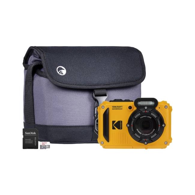 Bright yellow Kodak PIXPRO WPZ2 camera with a rugged design, featuring a 16MP lens and 4x zoom, accompanied by a gray camera bag and a SanDisk memory card.