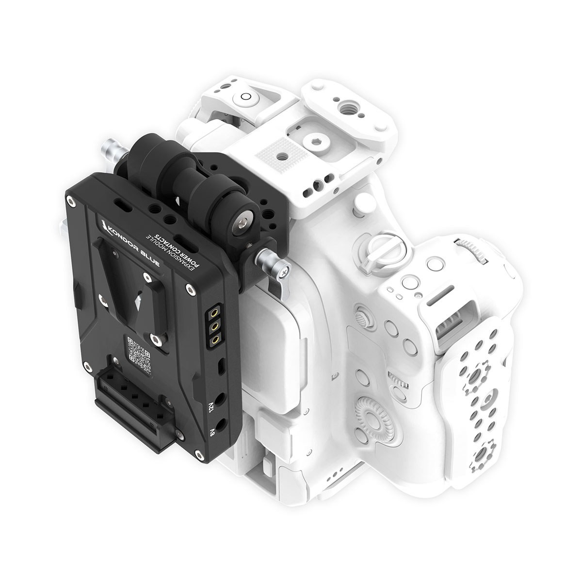 Kondor Blue Canon C80 V-Mount Battery Plate Kit in black, featuring a sturdy design with multiple mounting points and connectors, securely attached to a white camera body.