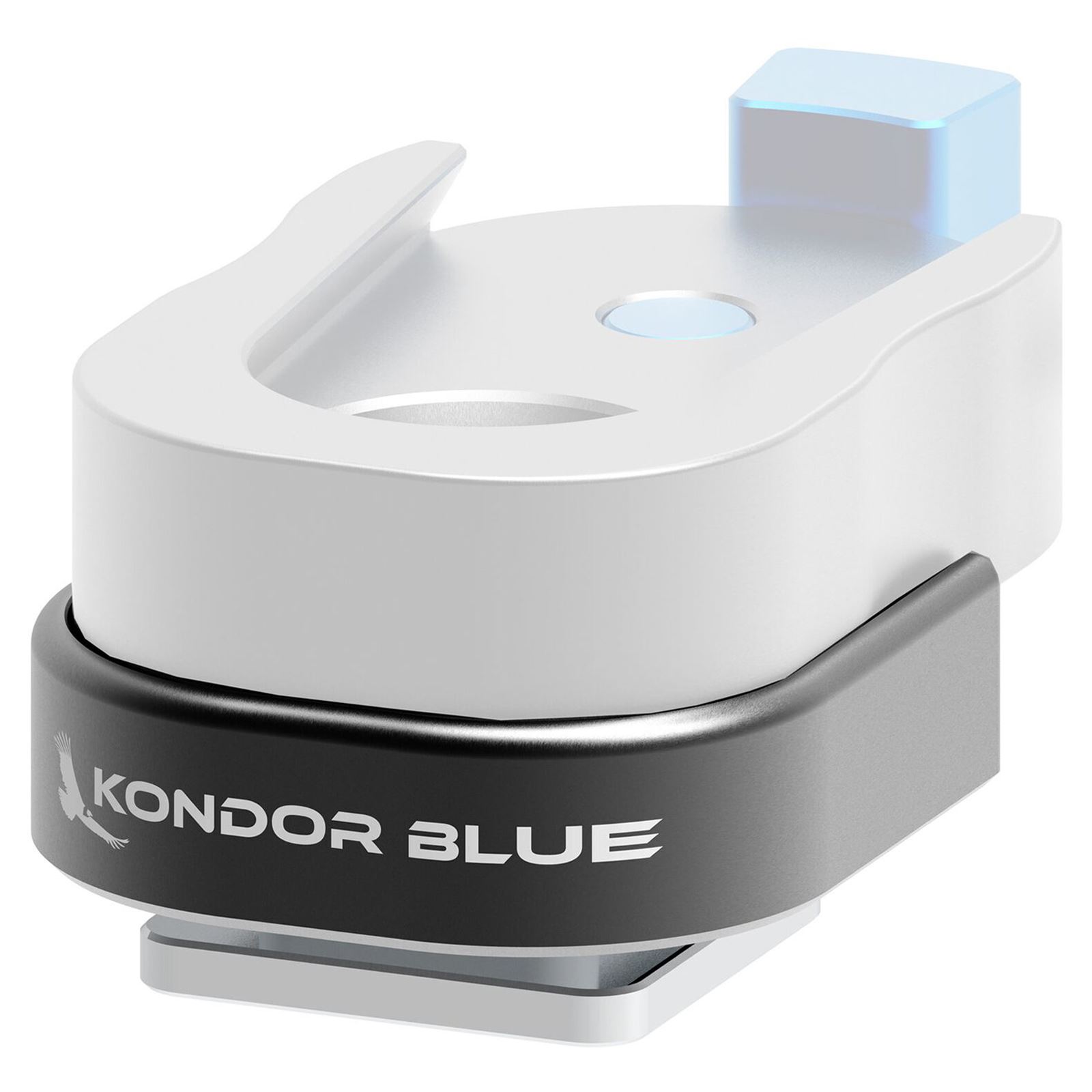 Kondor Blue Cold Shoe to Mini QR Plate Adapter Cradle features a sleek white and black design with a curved top, a blue accent, and a secure mounting base for camera accessories.