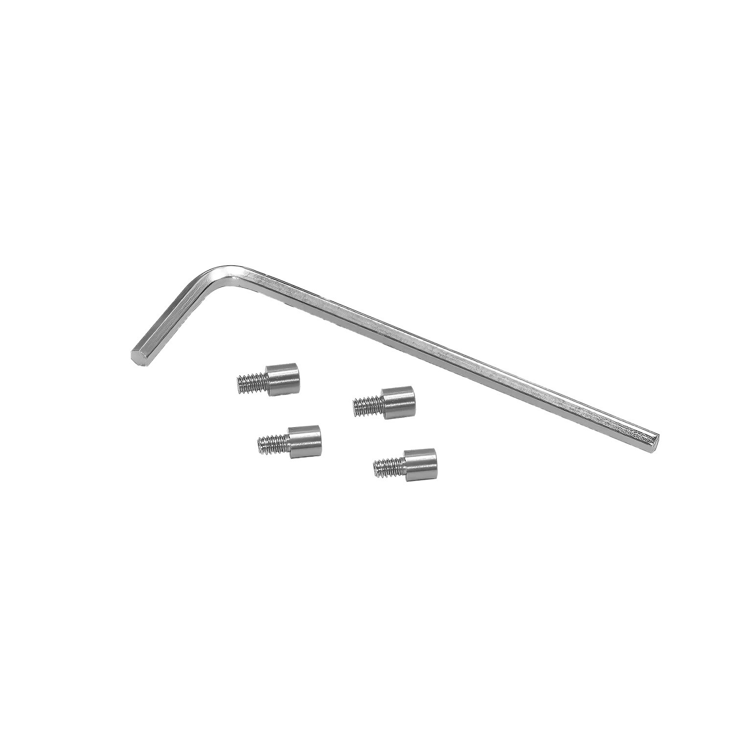 Silver hex key with four matching grey screws, designed for use with Arri equipment, showcasing a sleek, metallic finish.