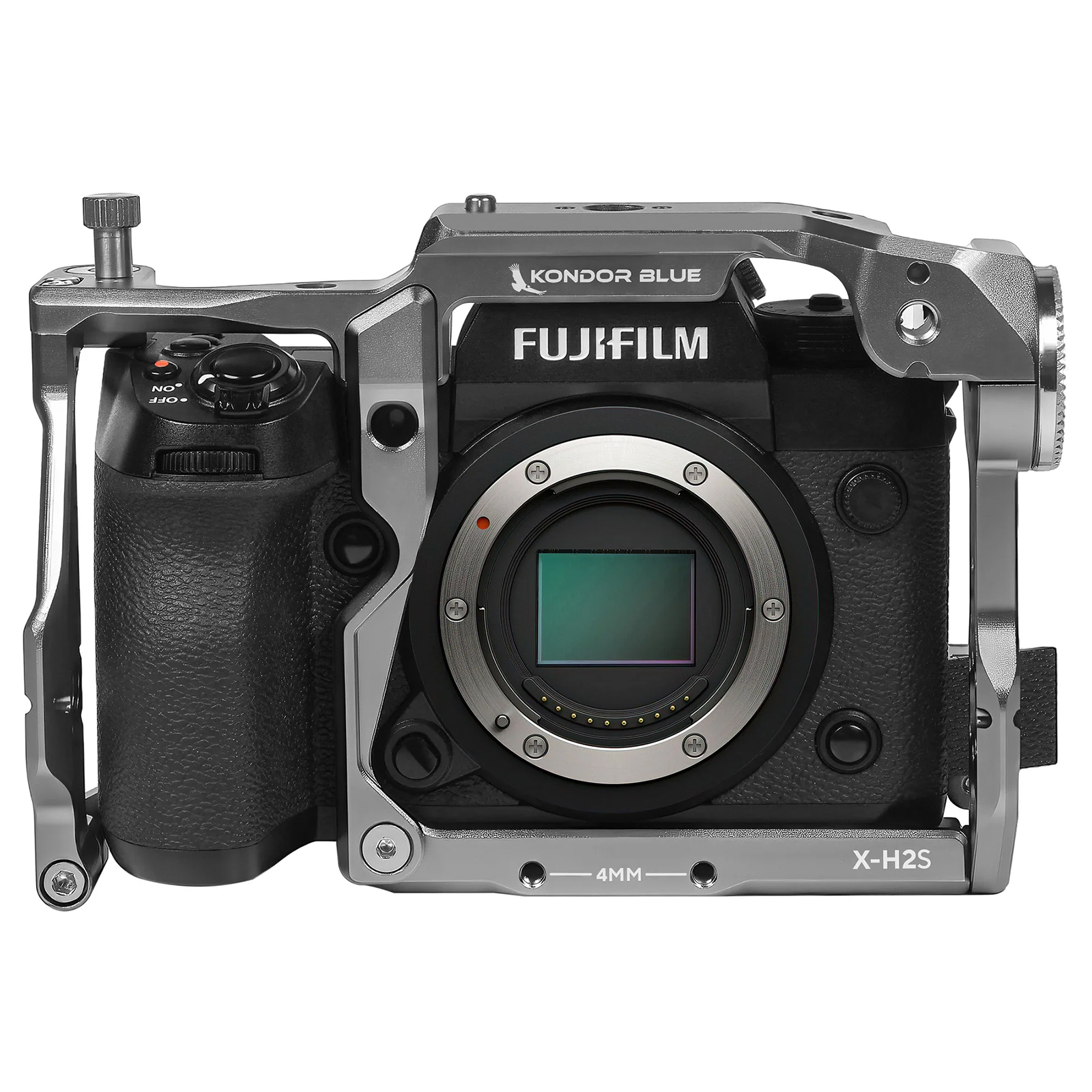 Kondor Blue KB-FXH2S-BR Cage in silver metal, designed for Fujifilm X-H2S camera, featuring multiple mounting points and a sturdy, ergonomic grip.