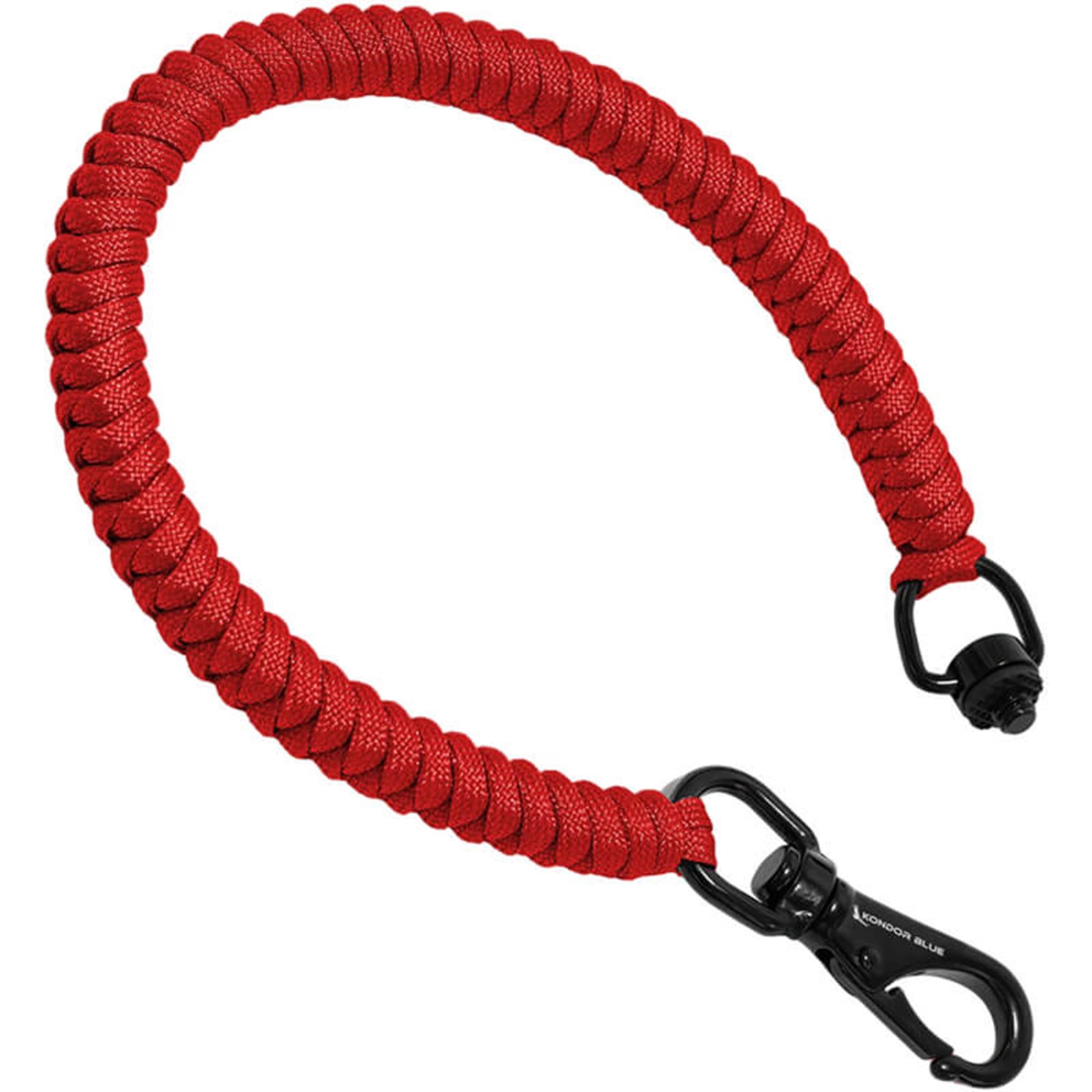 Red nylon camera monitor accessory strap with a braided design, featuring black metal clips on both ends for secure attachment.