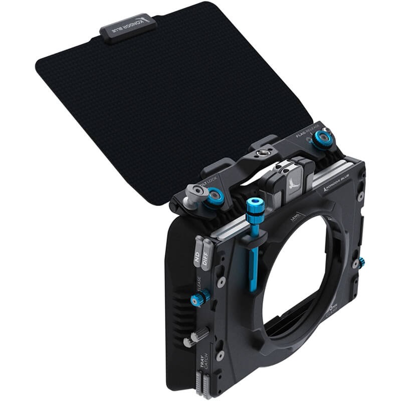 Kondor Blue KB-MBP Square in black, featuring a matte box design with adjustable flags, blue accents, and a sturdy mounting system for professional camera setups.