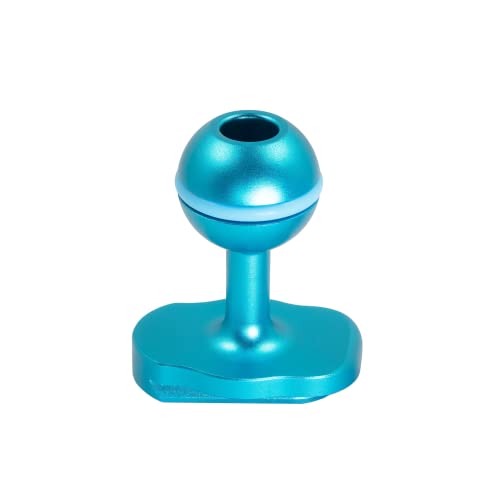 Turquoise aluminum camera mounting accessory featuring a spherical ballhead on a sturdy base, designed for versatile positioning and stability.