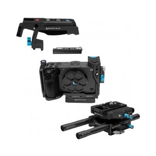 Kondor Blue KB-SFX3-BR-Bk Cage in black, featuring a robust design with multiple mounting points, a top handle, and a base plate with rods for camera stabilization.