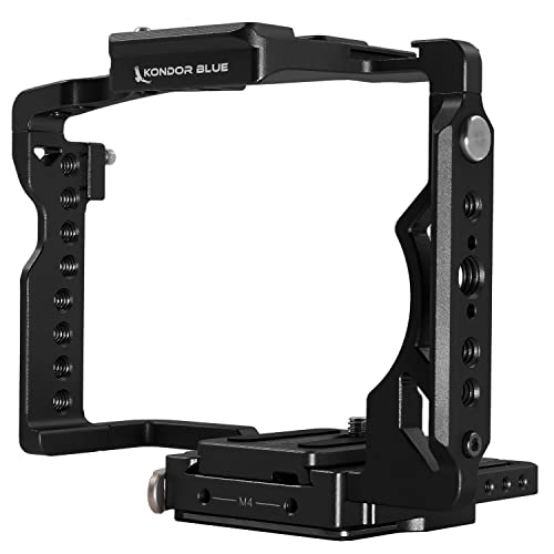Black aluminum camera cage with multiple mounting points, designed for the Sony A7 series, featuring a sturdy, lightweight construction and a sleek, professional design.