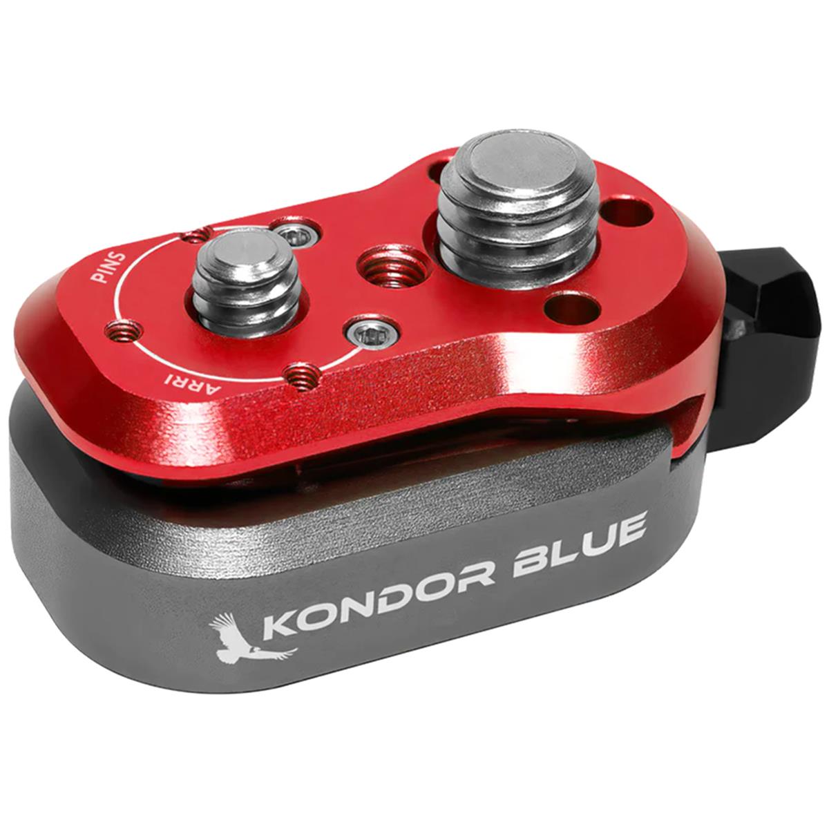 Red and gray metal mini lock quick release plate with dual mounting screws, featuring the "KONDOR BLUE" logo engraved on the side.