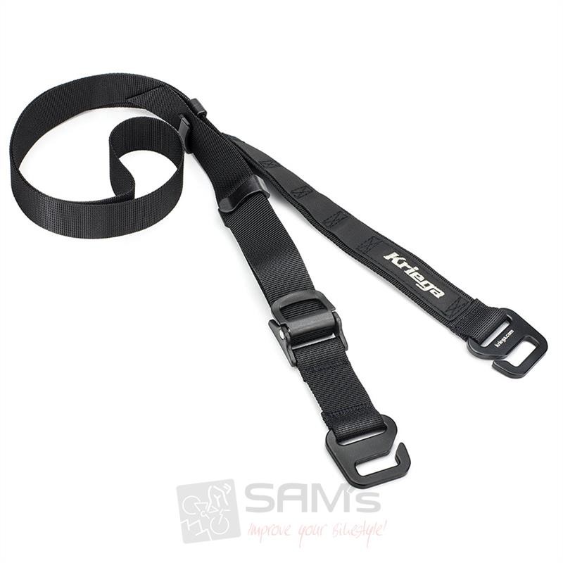 Black nylon straps with adjustable buckles and hooks, featuring the "Kriega" logo, designed for securing gear or luggage.